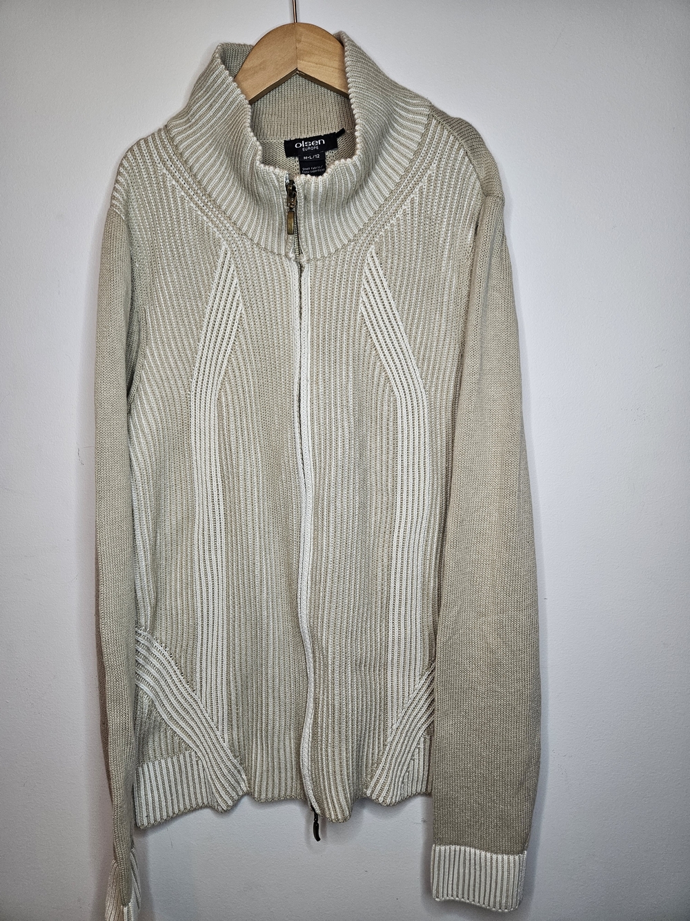 Olsen Europe Two Tone Beige Cream Full Zip Mock Neck Knit Cardigan L